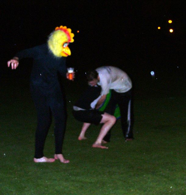 A very confused looking chicken watches on as someone tries to steal Randy.